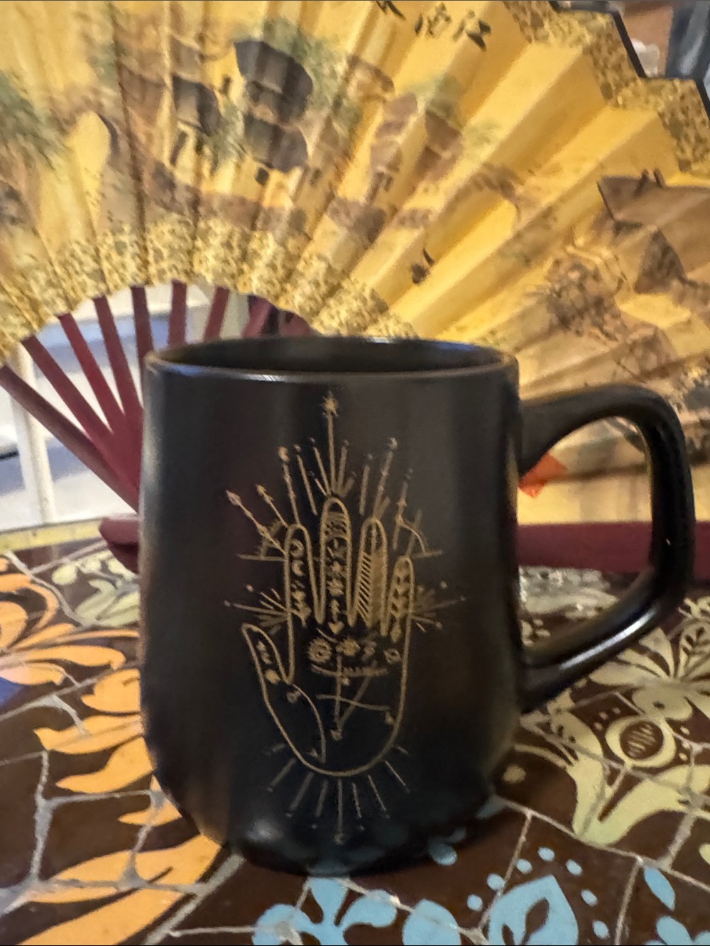 Black Ceramic Palmistry Mug with Gold Hand Design- 16 oz.